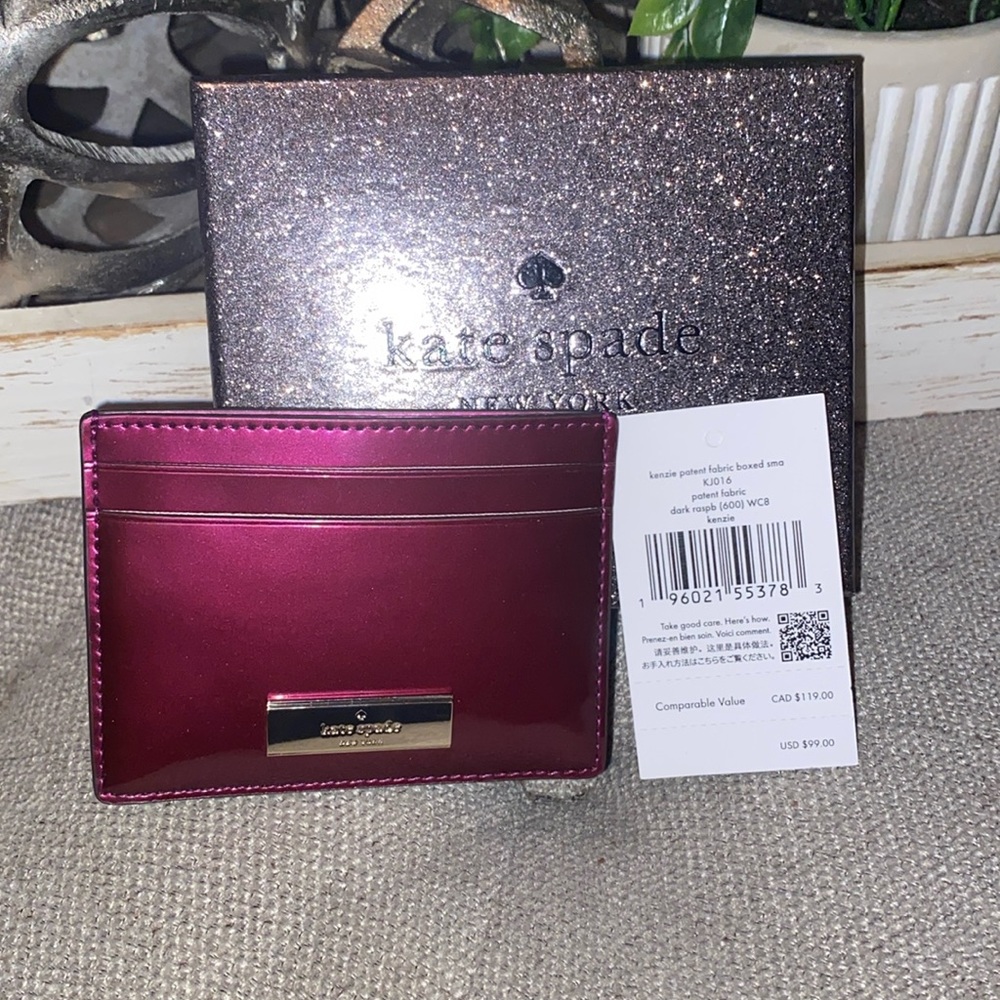 Kate Spade Kenzie Patent fabric Card Holder In Dark Raspberry, New in Box - Picture 5 of 6